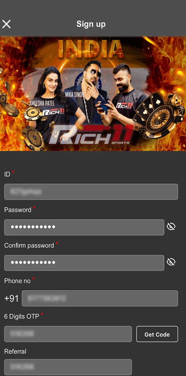 Register at Rich11 Casino from your phone and get bonuses.