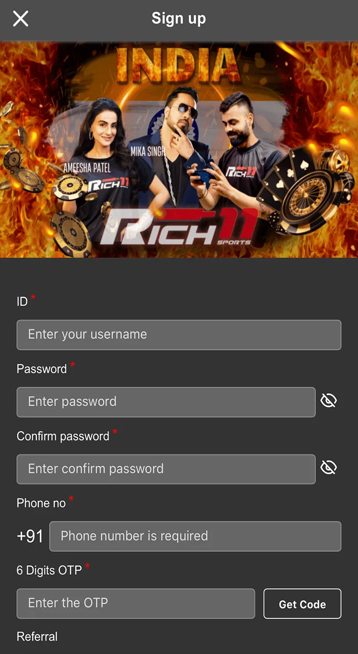 Rich11 Casino registration form.