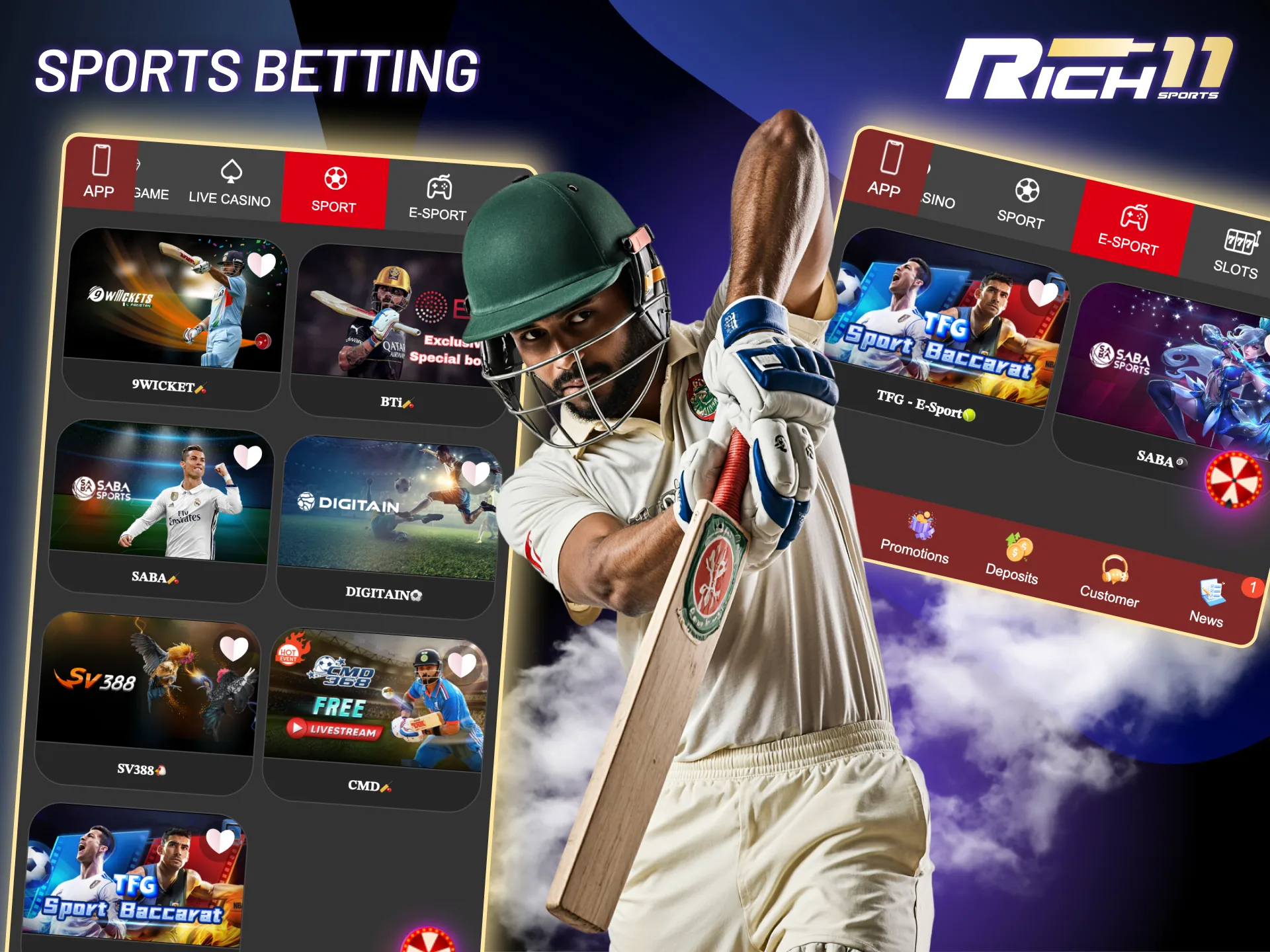Sports fans at Rich11 enjoy wide coverage, including cyber games and real events.
