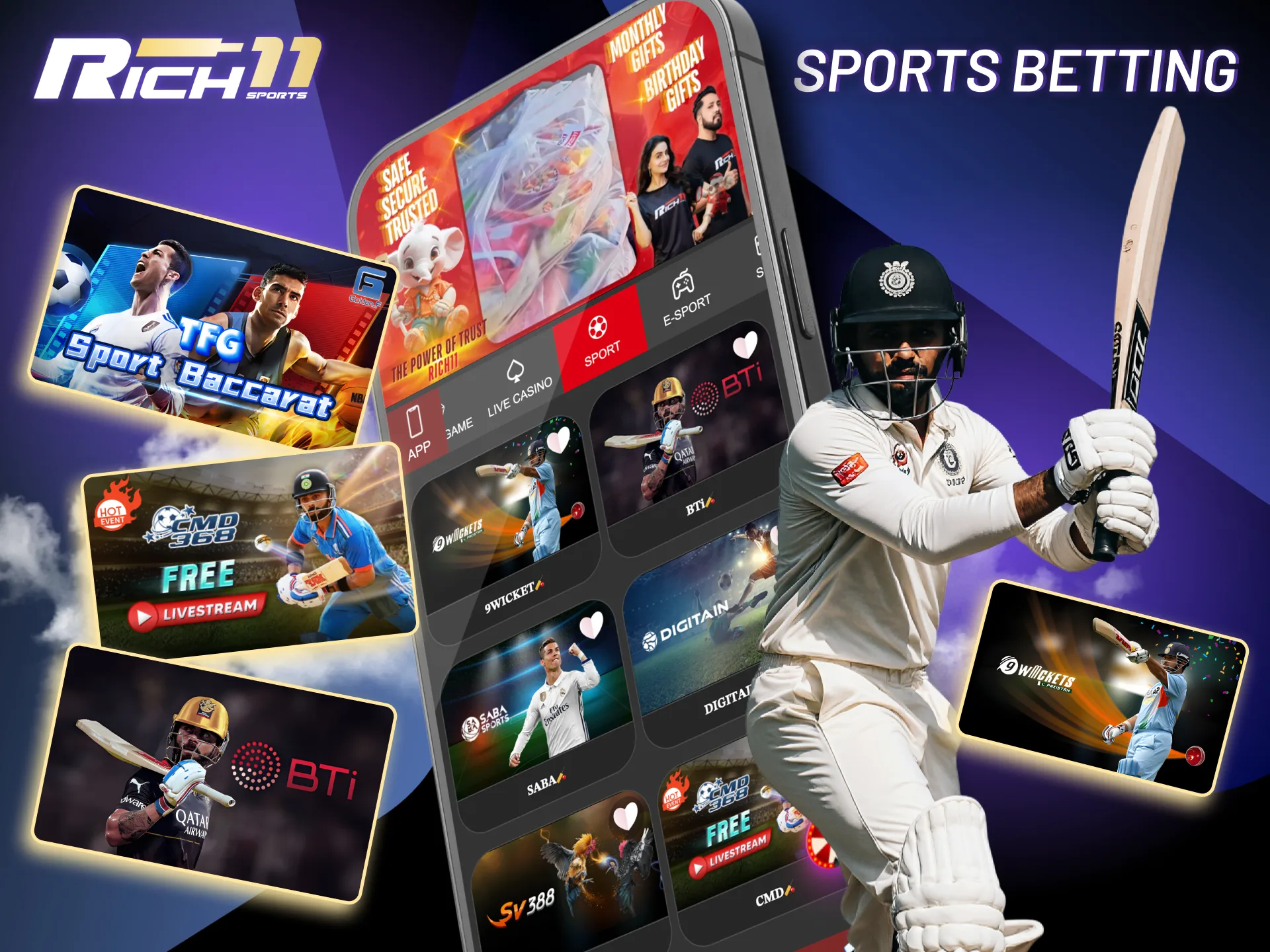 Enjoy wide sports coverage and high odds through Rich11’s app-based experience.