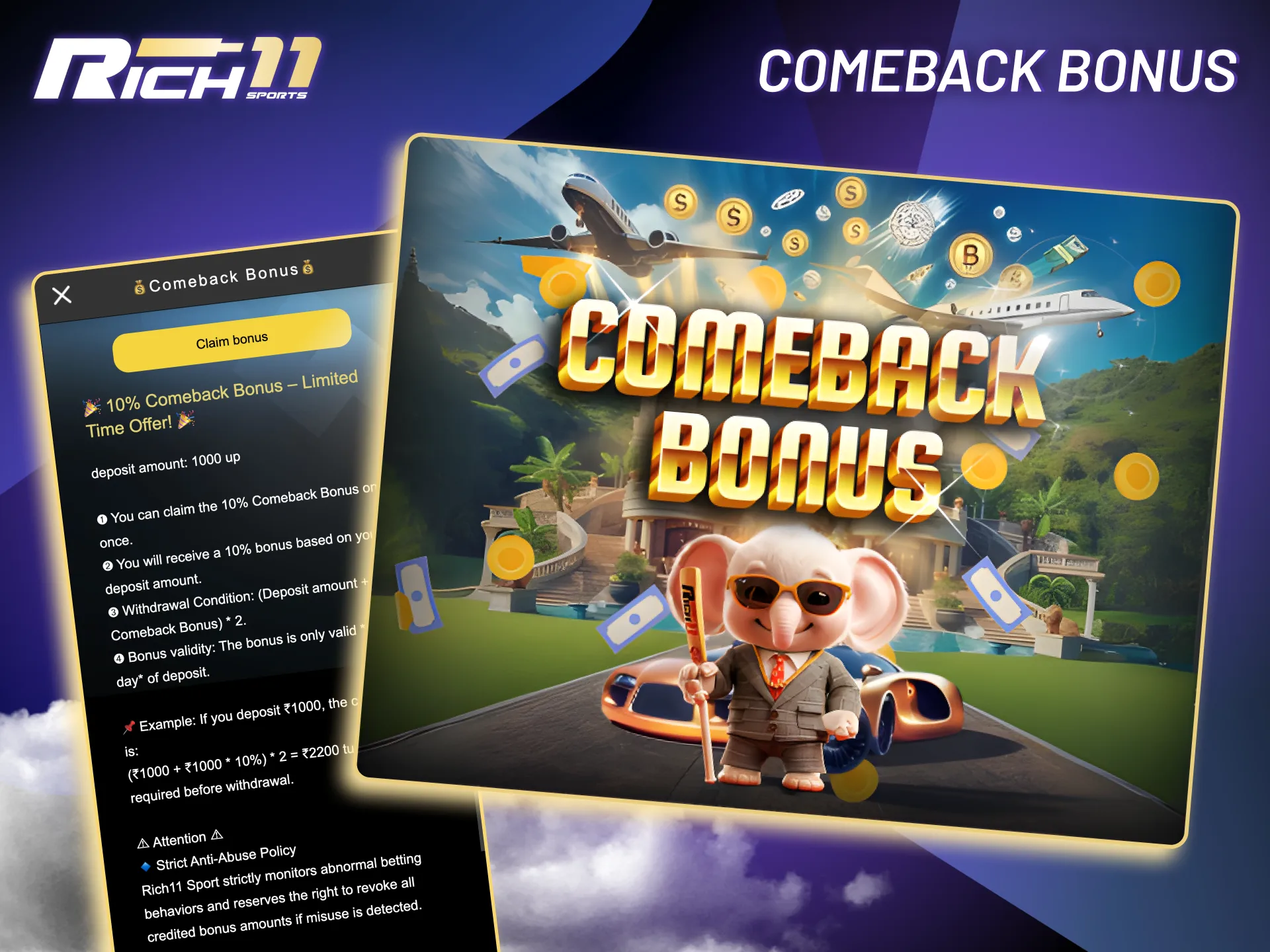 Rich11 offers a comeback bonus to boost your deposit and enhance your play.
