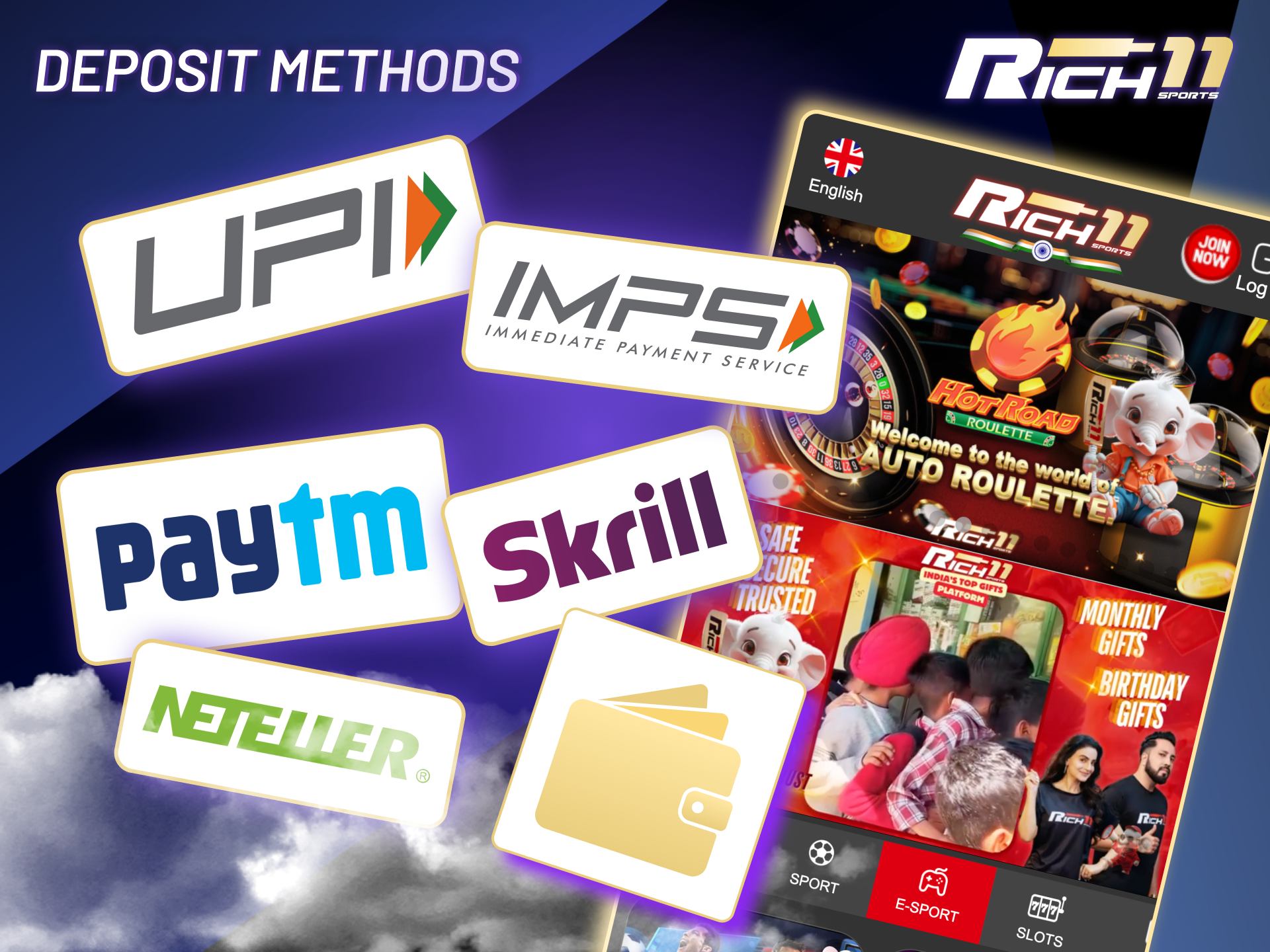 Rich11 top-up choices including UPI and PayTM.