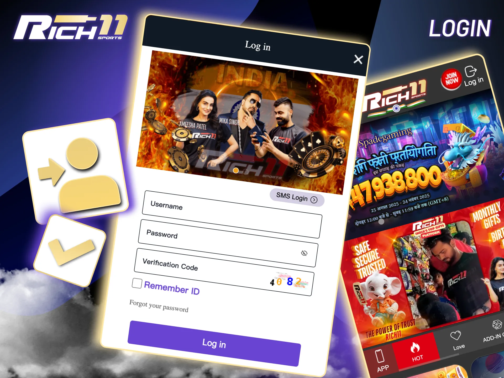 Log in to Rich11 easily with your credentials or SMS code and start playing.