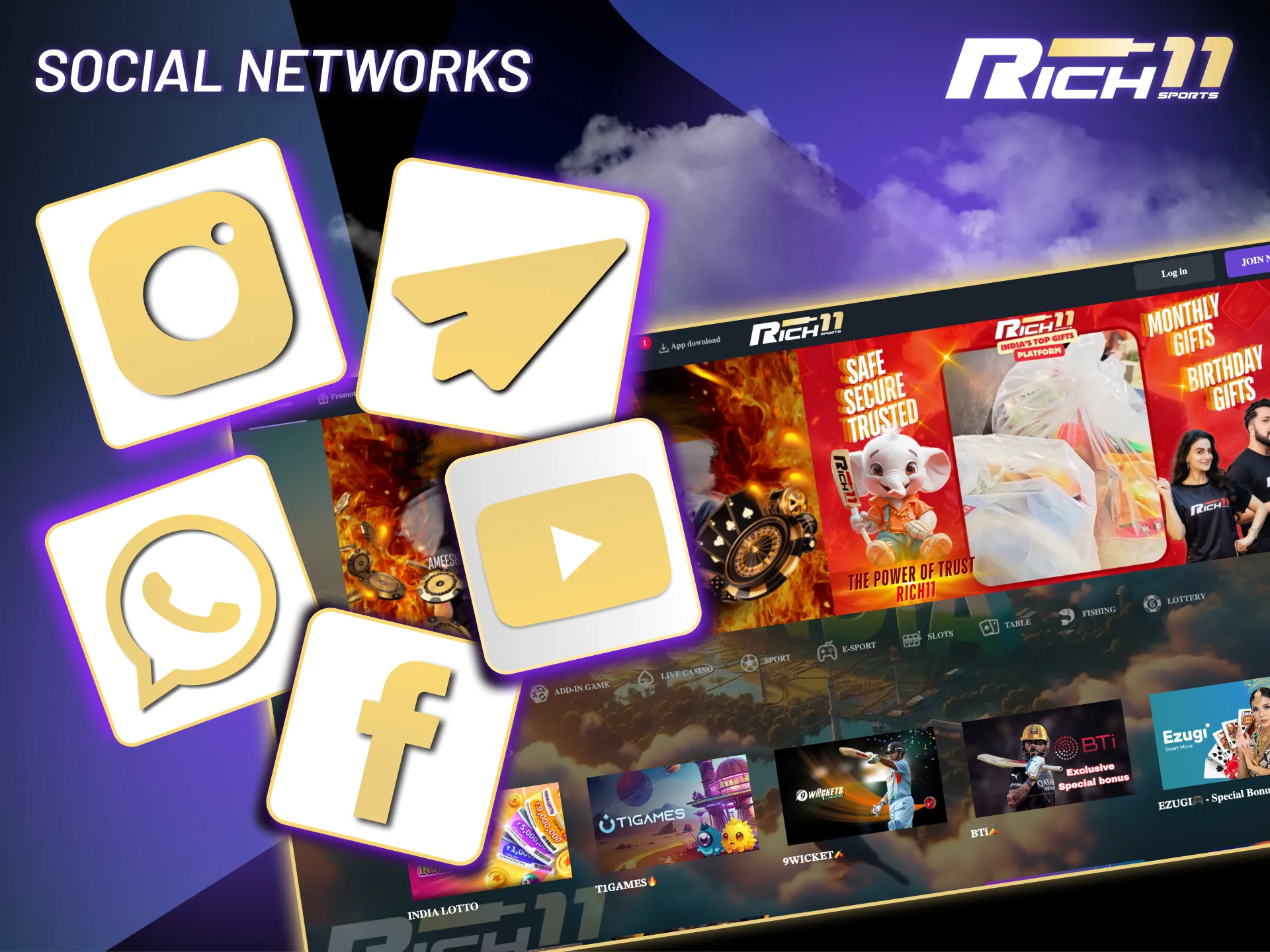 Rich11 connects with Indian users on Facebook, Instagram, Telegram, and more.