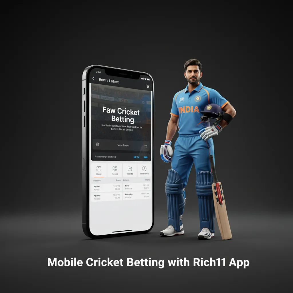 Smartphone displaying Rich11 cricket betting app with quick odds and fast bet slip; available on Android, iOS, and PWA.