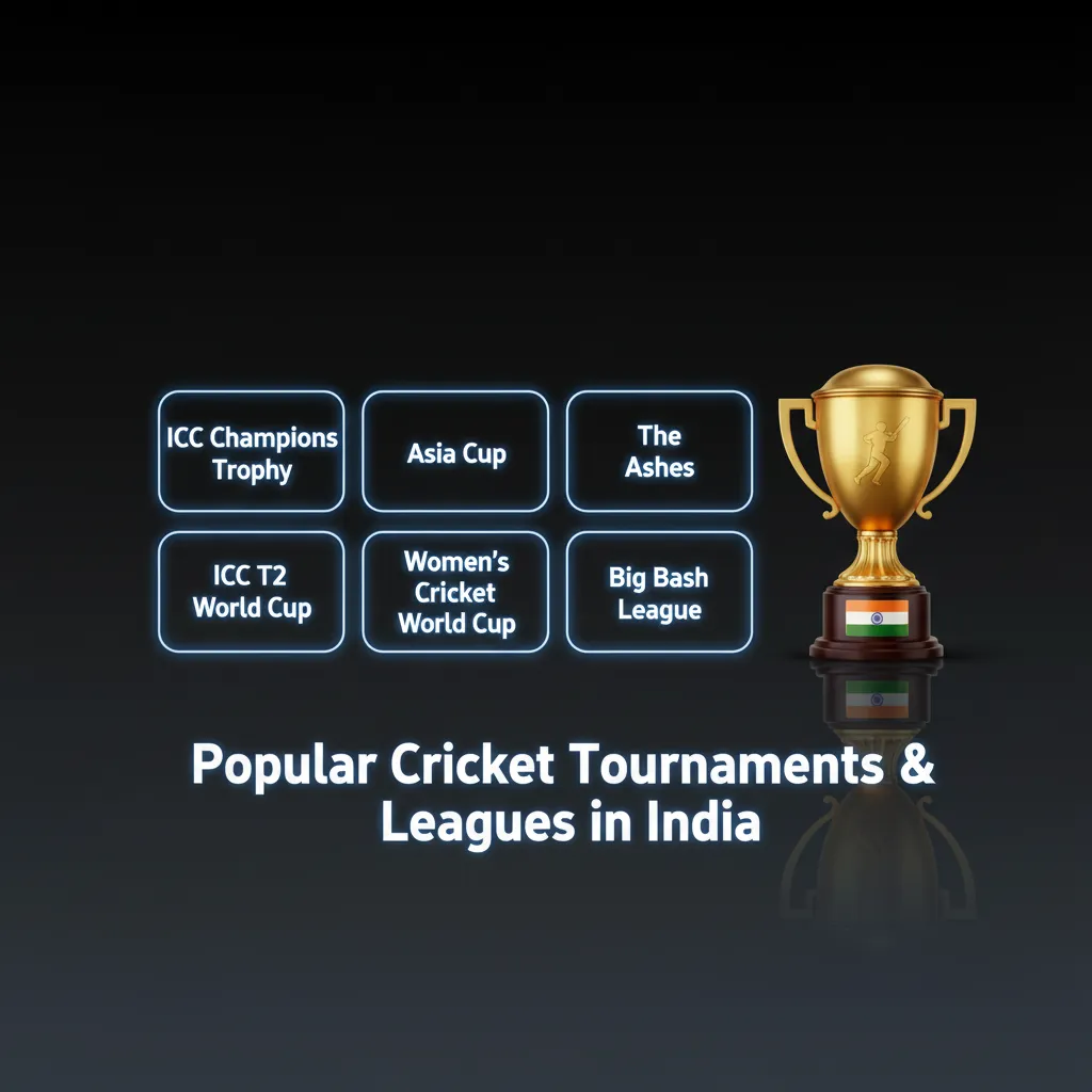 Popular cricket leagues and tournaments in India: ICC World Cup, T20 WC, IPL, Ashes, Asia Cup, BBL, CPL, Ranji Trophy.
